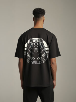 WEAR JOY | Men Wild Bear Graphic Print Round Neck Pure Cotton Black T-Shirt