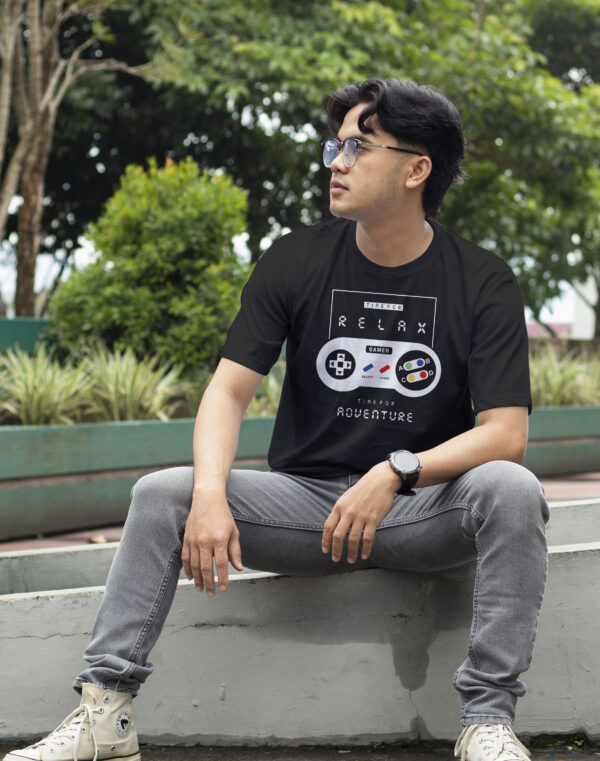 WEAR JOY | Men Gamer’s Escape Graphic Print Round Neck Pure Cotton Black T-Shirt
