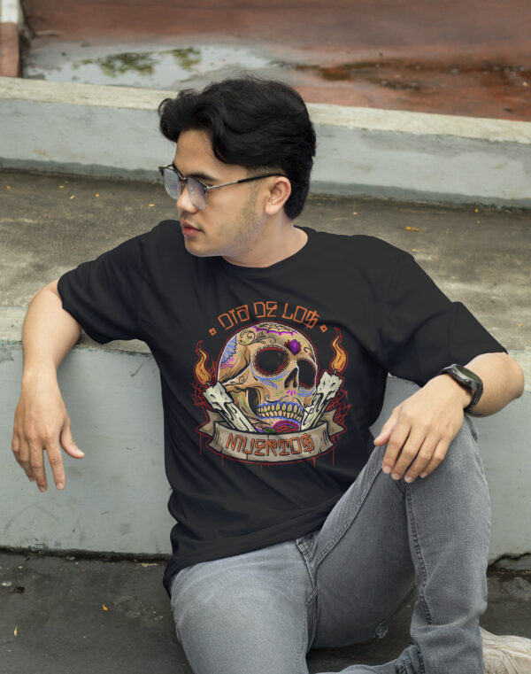 WEAR JOY | Men Sugar Skull Graphic Print Round Neck Pure Cotton Black T-Shirt