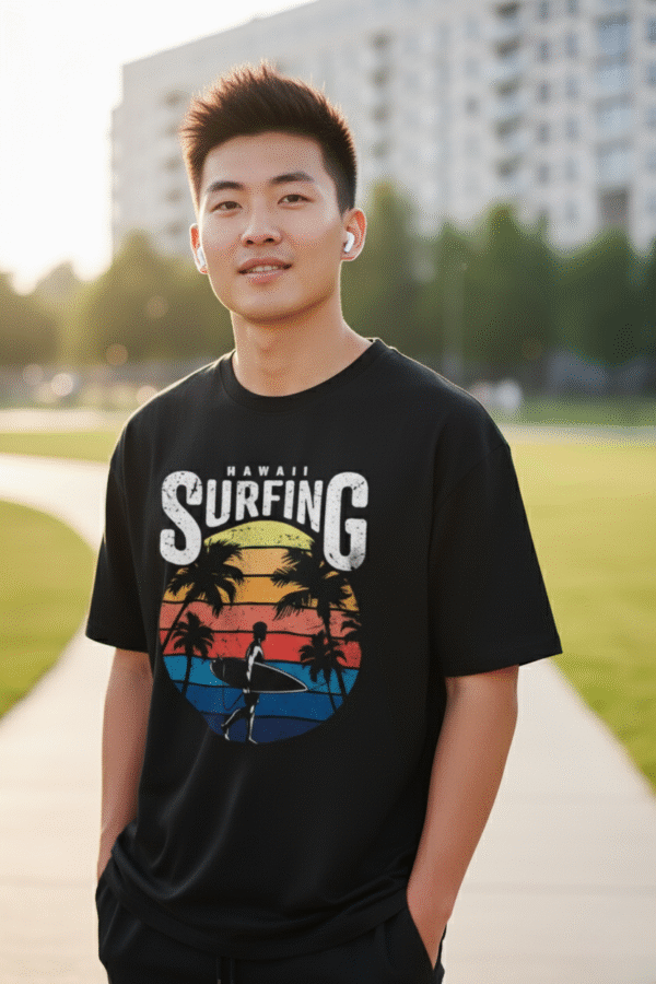 WEAR JOY | Men Hawali Graphic Print Round Neck Pure Cotton Black T-Shirt